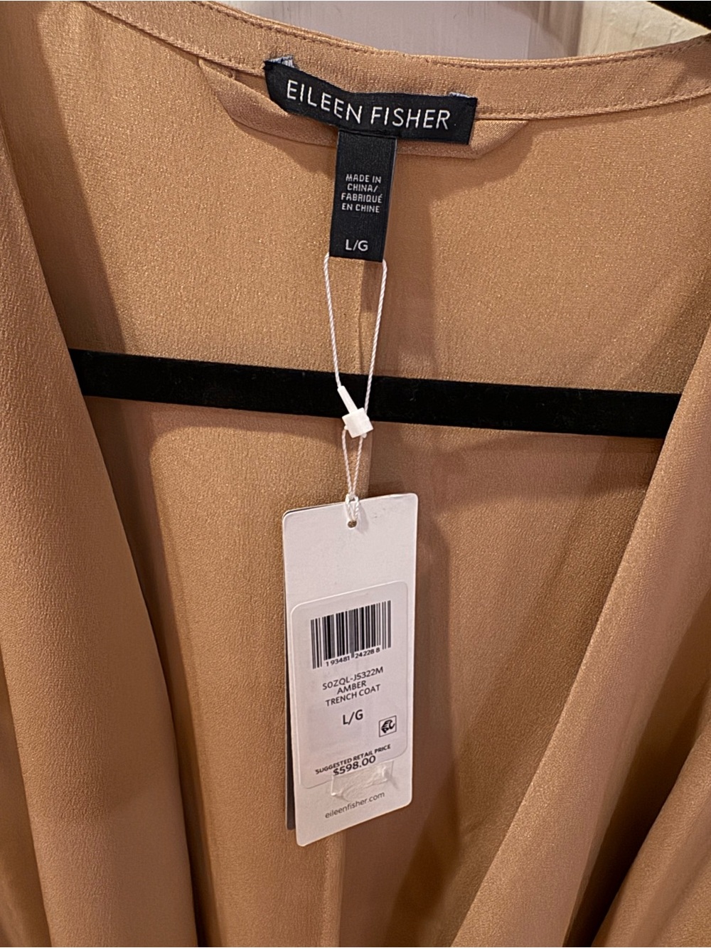 Eileen Fisher Tan Open-Front Long Belted Trench Coat/Duster 100% Silk Size L - Picture 2 of 5